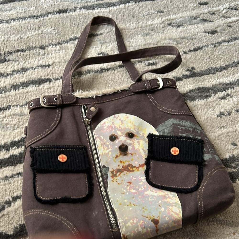 Fuzzy Nation White Bishon Poodle Fur Lined Tote 